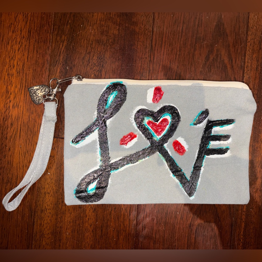 Hand-Painted Gray Canvas Wristlet Pouch with Heart Motif